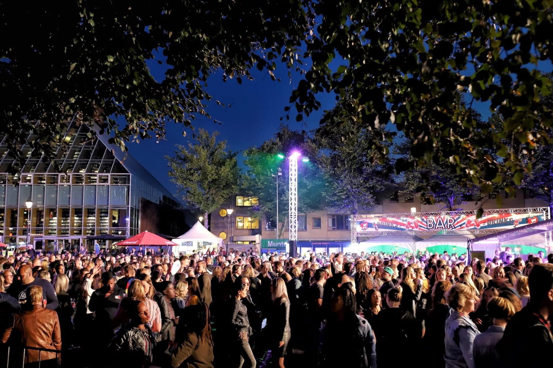 Drukke menigte bij een openluchtconcert in de avond.
