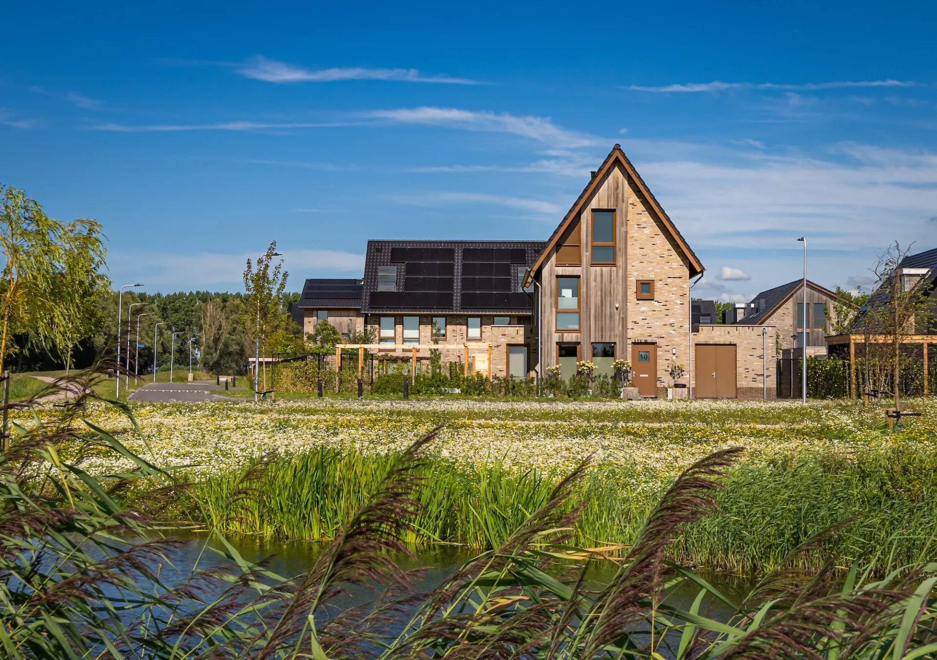 Een modern huis aan het water met een groene omgeving.