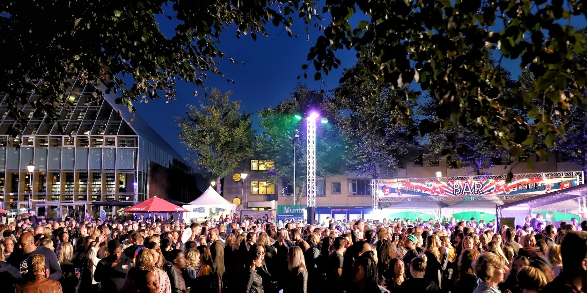 Drukke menigte bij een openluchtconcert in de avond.