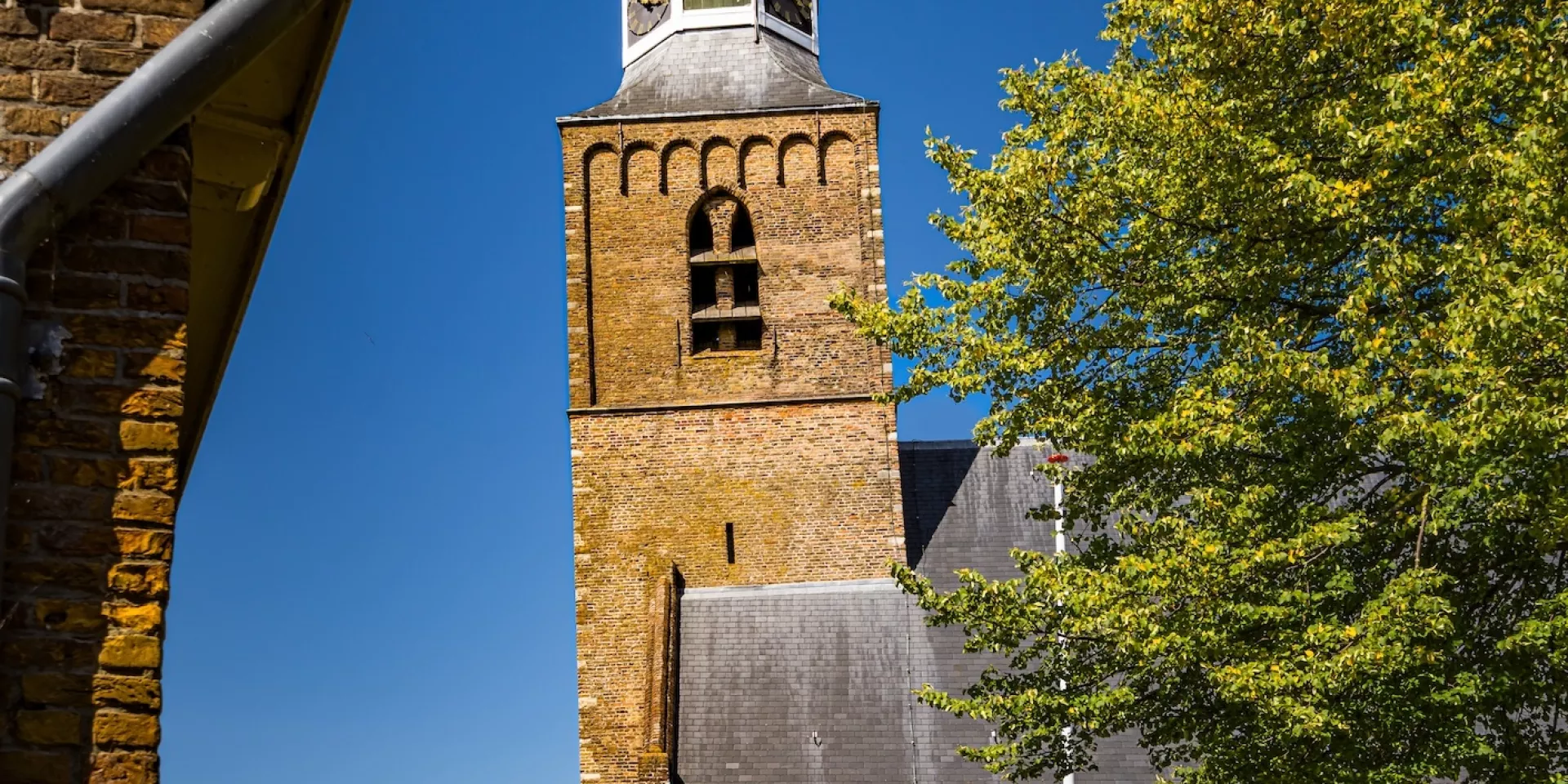 Bakstenen kerk met torenspits naast een groene boom onder een heldere blauwe hemel.