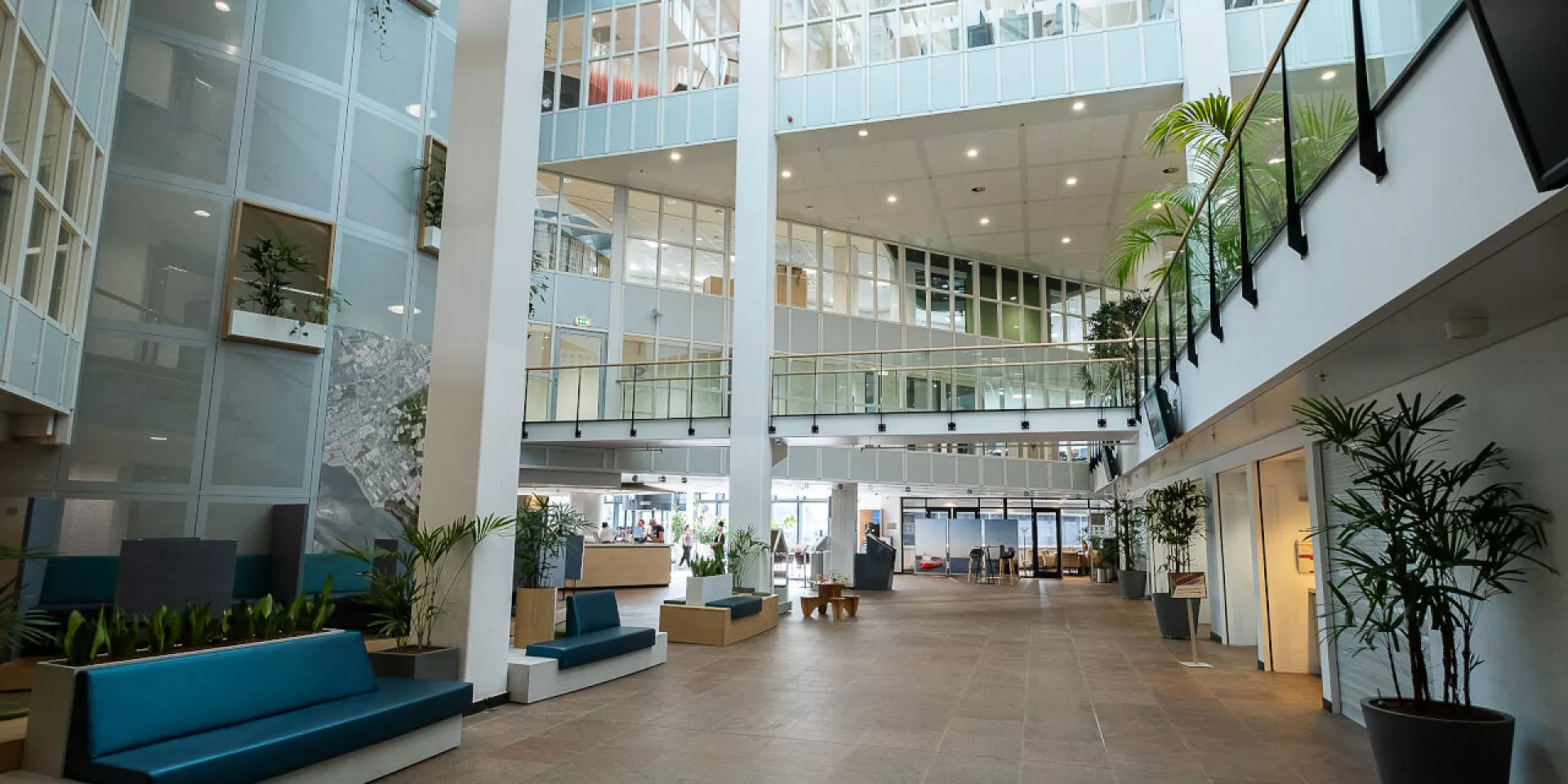 Ruime, moderne, lichte lobby met glazen wanden en groene planten.